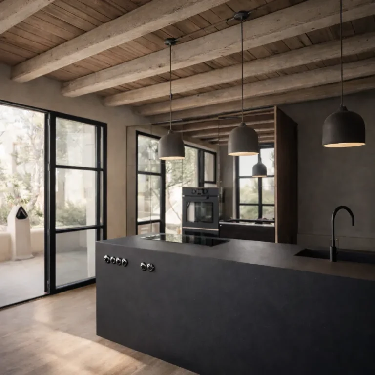 Kitchen with dark island and black-framed windows