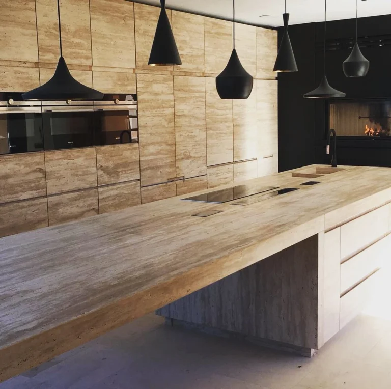 Wooden kitchen worktop with pendant lights