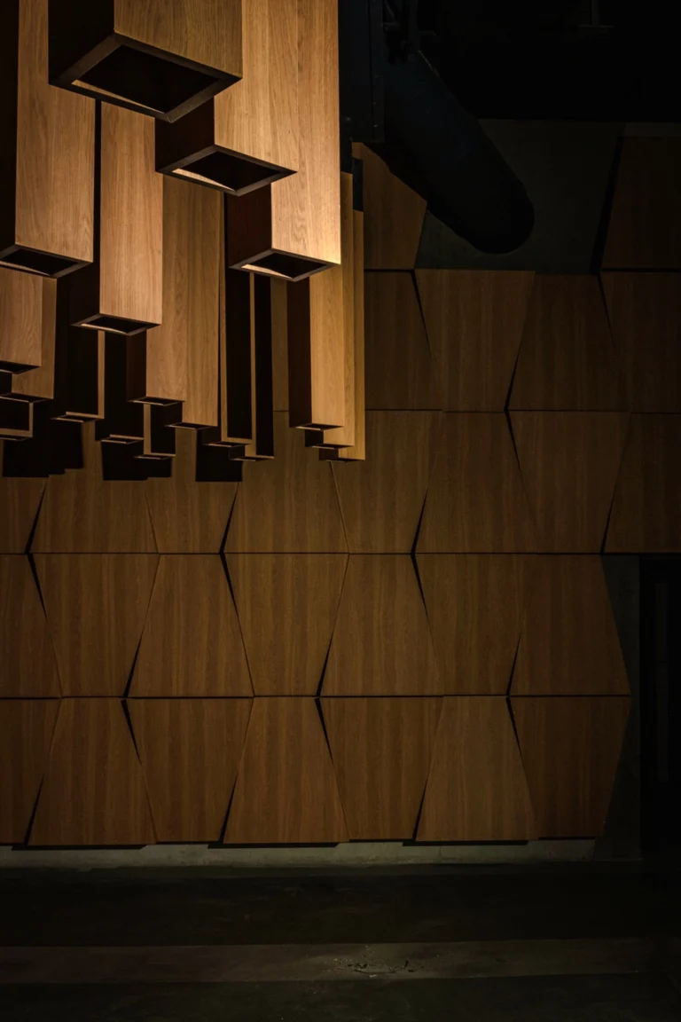 Club interior with vertical wooden panels