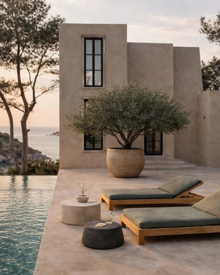 Villa terrace with pool and olive tree in Ibiza