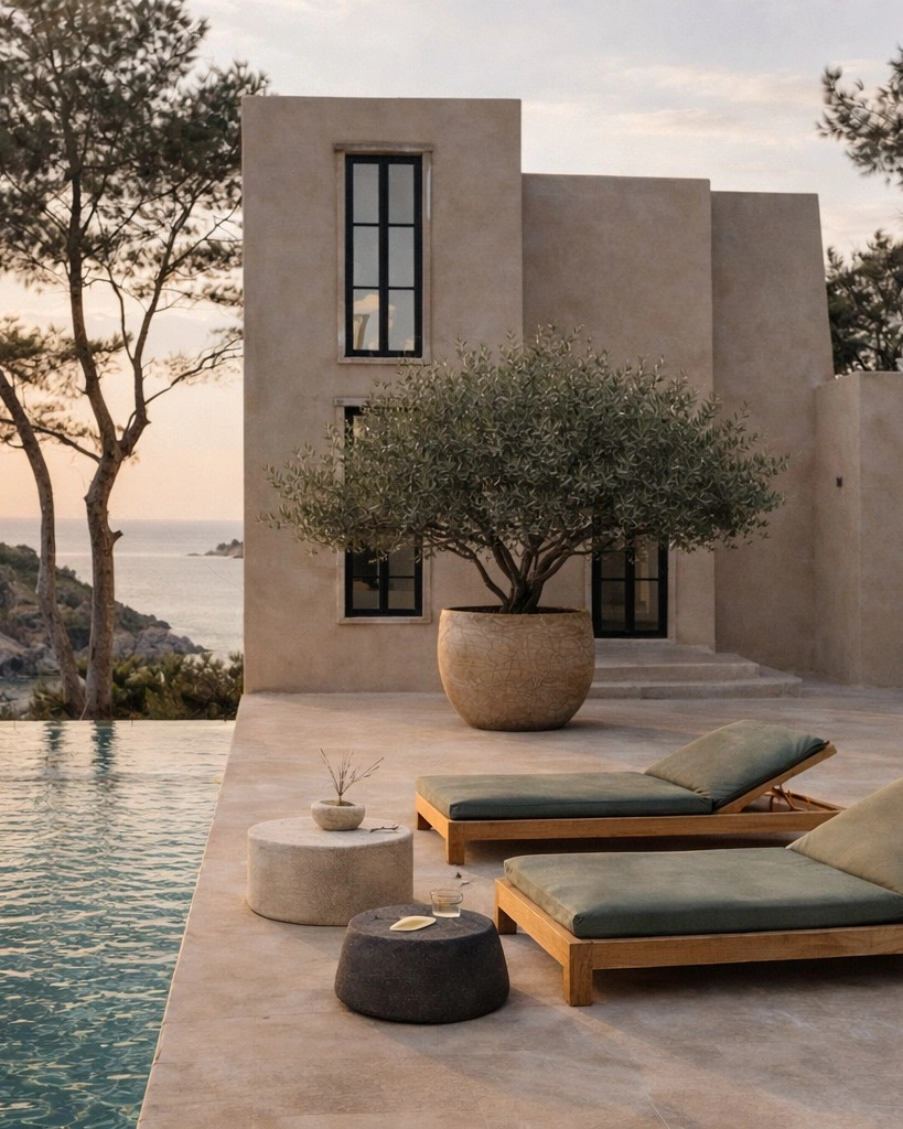Villa terrace with pool and olive tree in Ibiza