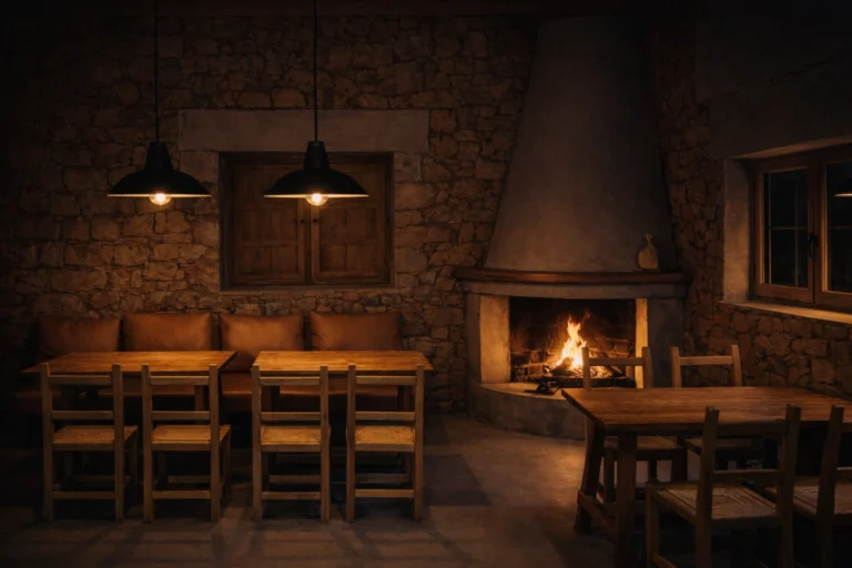 Dining room with fireplace and wooden tables