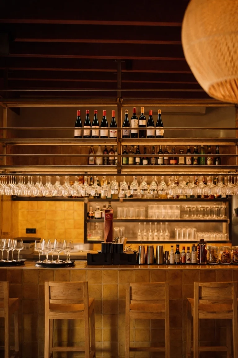 Restaurant bar with wooden shelving