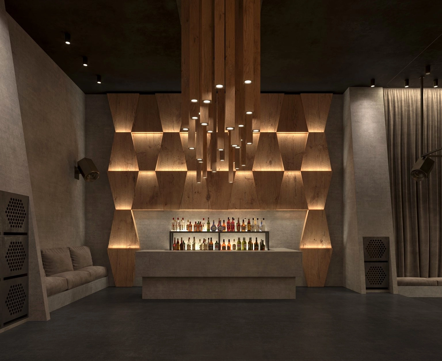Bar with a backlit wooden ceiling installation