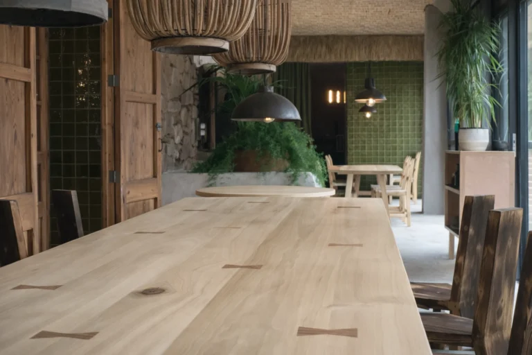 Long wooden dining table in a restaurant