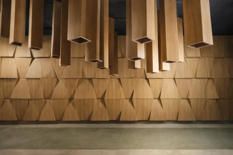 Wall of carved wooden panels