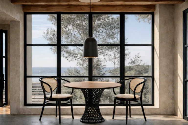 Dining area with black steel windows facing the sea