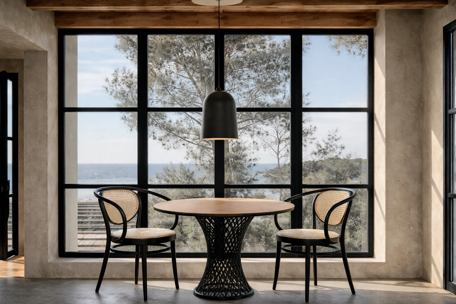 Dining area with black steel windows facing the sea