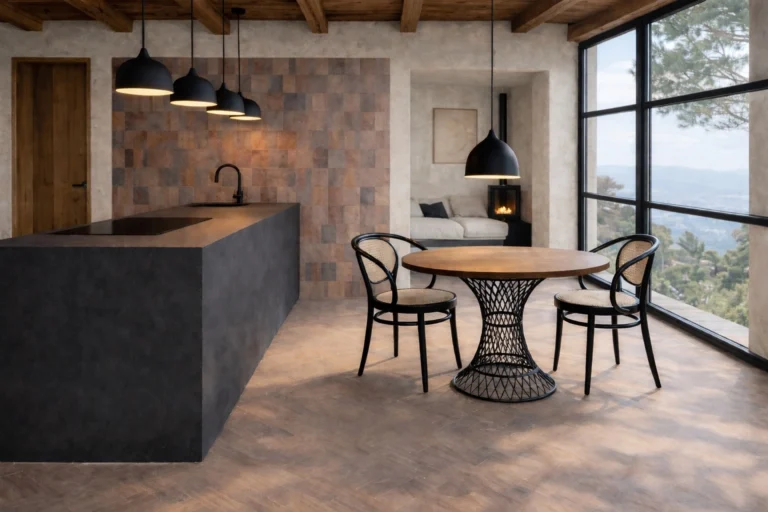 Kitchen with dark island and terracotta wall