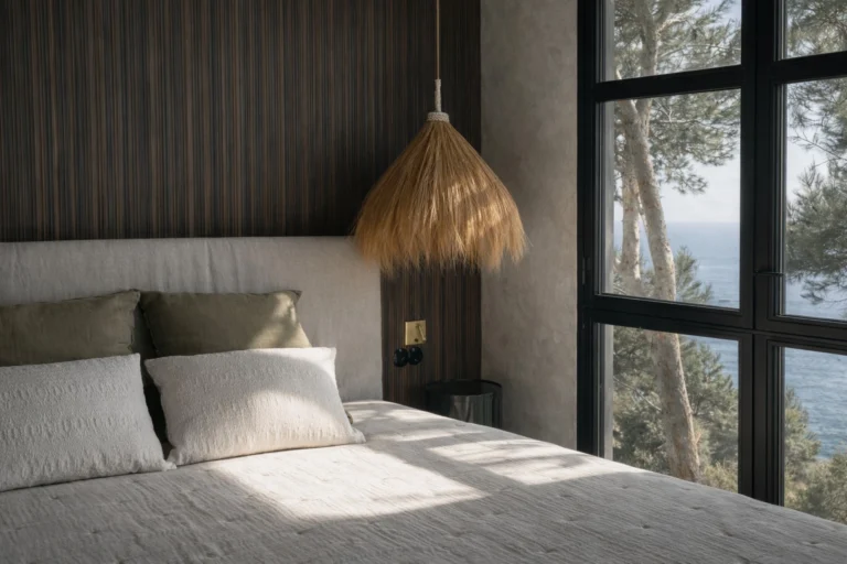 Bedroom with large window and linen bedding