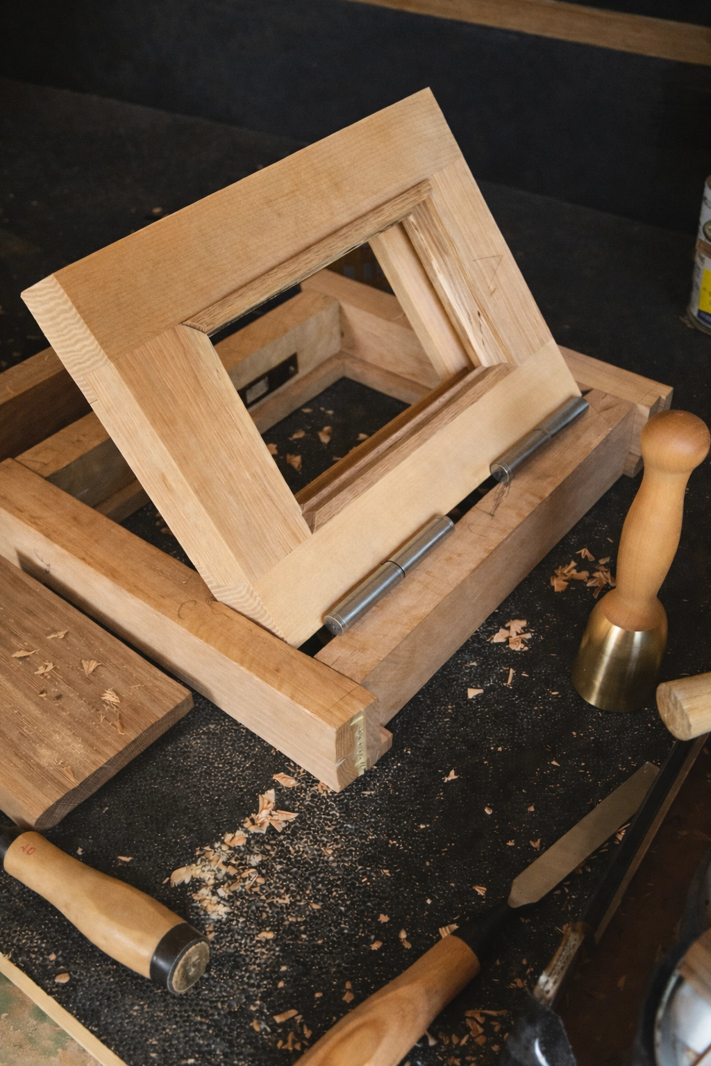 Wooden window frame in the workshop