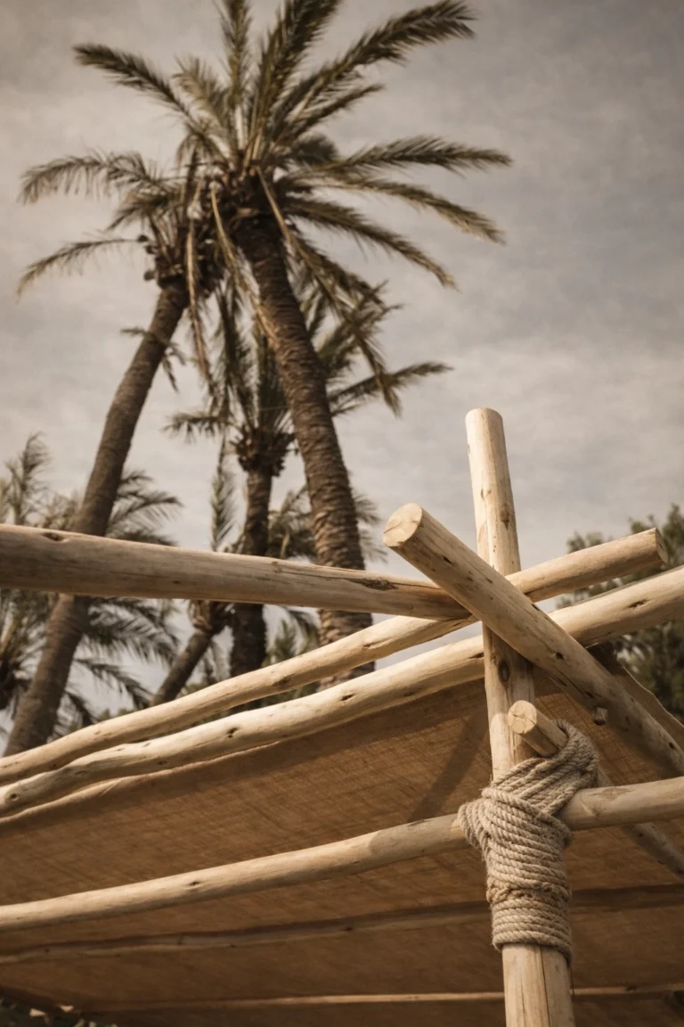 Pergola with timber poles and palm trees