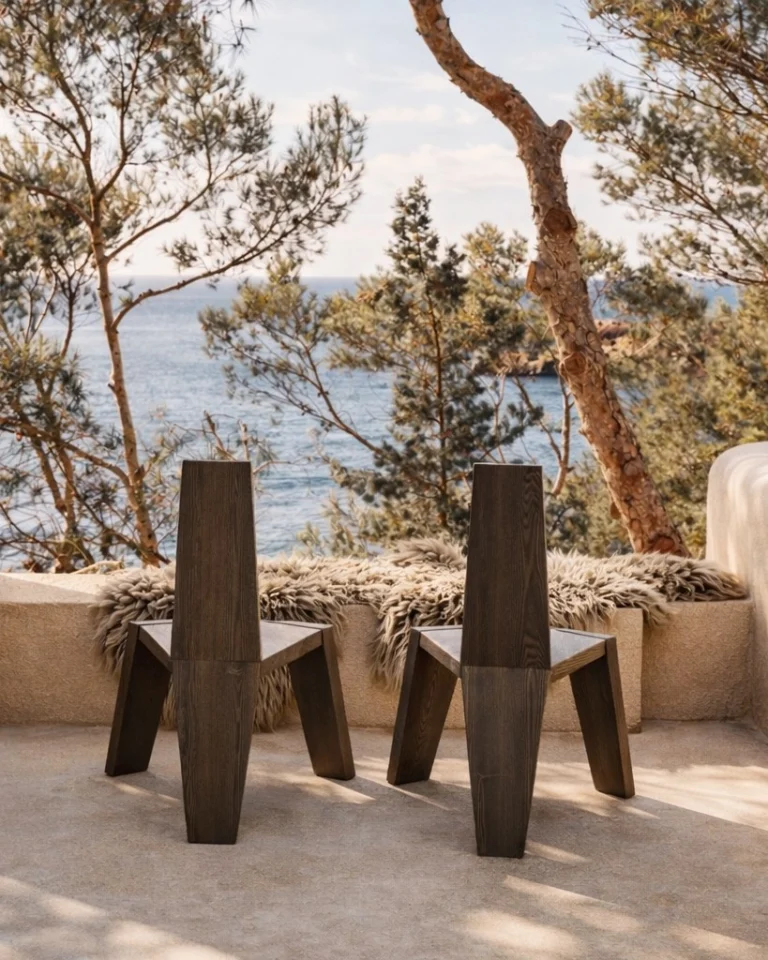 Sculptural wooden chairs on a terrace facing the sea